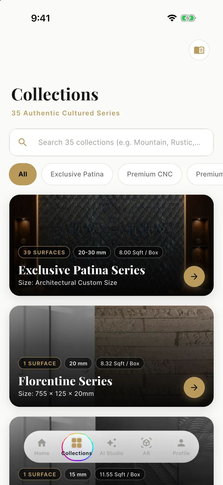 Grazia Stones app collections screen listing authentic cultured stone series