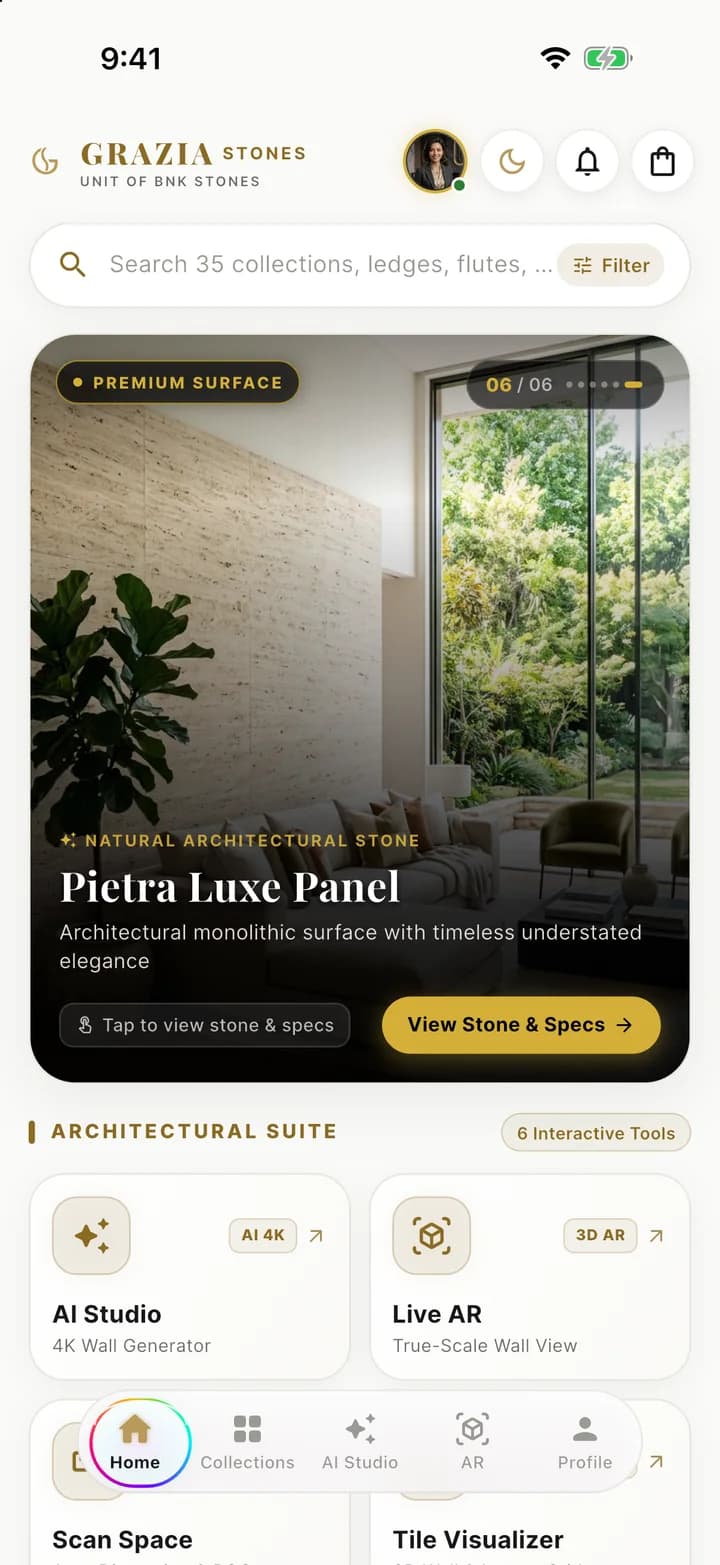 Grazia Stones app home screen with the exclusive collection hero and the architectural suite of tools