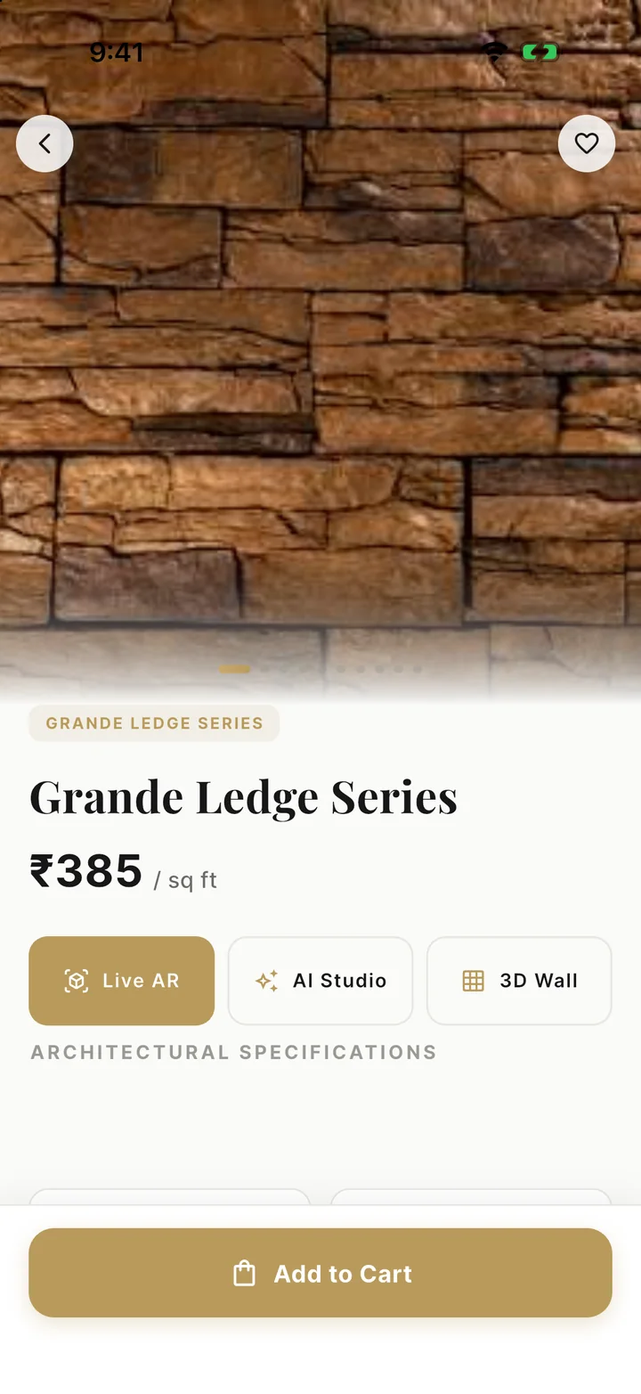 Grazia Stones app stone detail screen showing the Grande Ledge Series with price and live AR, AI Studio and 3D wall actions